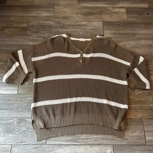 Pink Lily Striped V Neck Button Up Knit Sweater Women XL Olive Green Brown White